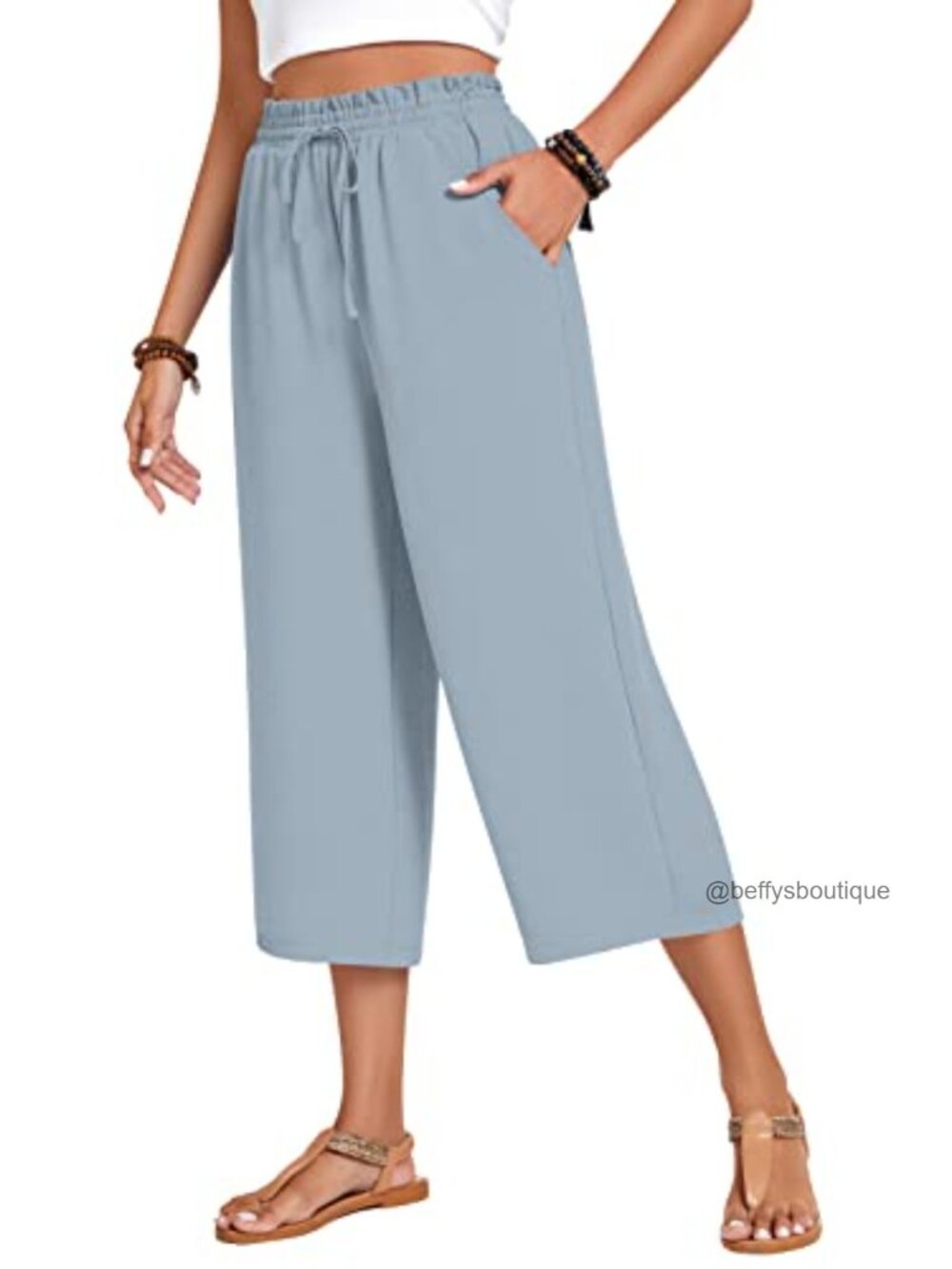 Capri Pants Drawstring High Waist Wide Leg Loose Palazzo Trousers with Pockets
